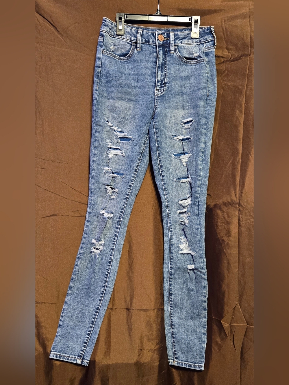 SO High Rise Distressed Jeggings Size 7 Long Light Wash Ripped Skinny Jeans